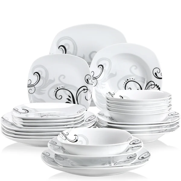 VEWEET ZOEY 48-Piece Black Decals Dinner Combi-Set