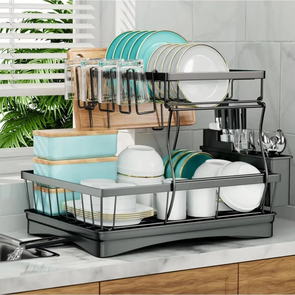 Large 2-tier dish drying rack for kitchen counter